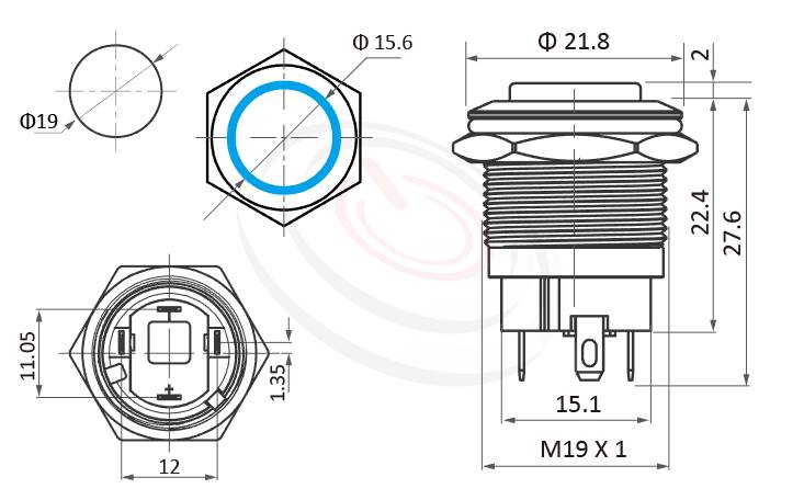 MP19S-4MH Series 尺寸圖,標示產品: Φ19mm短款小型、高柄、高圓形、環型燈、無鎖復歸、SPST、Ring illuminated防水金屬開關的外型尺寸。| MP16TECH鉑達 提供各種 waterproof pushbutton專業服務。