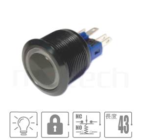 防水LED按鍵孔徑Φ22mm,自鎖,1NO+1NC,圓型燈,氧化黑金屬外殼,兩段式金屬按鈕,型號: MP22-6ZFX。簡述規格:22mm孔徑,環型LED,1A1B,帶鎖平面,氧化黑金屬外殼,帶鎖。