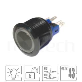 防水LED按鍵22mm孔徑,回彈觸發,1NO1NC,Ring illuminated,黑殼防水開關,自動復歸金屬開關,型號: MP22-6MFX。參數提要:孔徑Φ22mm,Ring illuminated,1NO1NC,無段復位平圓形,黑色防水按鈕,瞬切回彈。