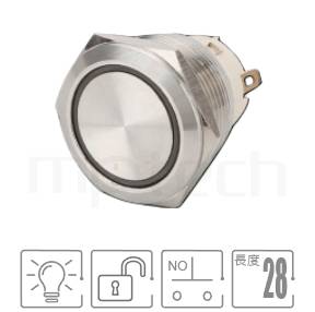 防水帶燈按鈕孔徑22mm,復位無段,一組A接點,環型LED,短柄,無段復位金屬開關,型號: MP22S-4MF。規格:Φ22 開孔,Ring Illuminated,SPST,1NO,瞬切回彈平形,小型短款,回彈觸發。
