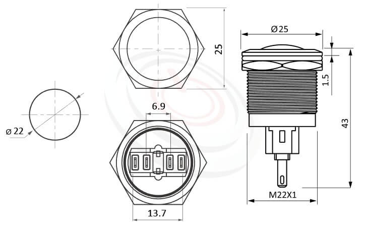 防水開關Φ22mm自鎖型、球面、弧面、無燈、自鎖、1NO,SPST、無燈防水按鍵的外型尺寸。鉑達型號: MP22-4ZR