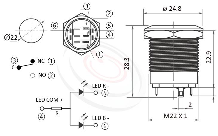 防水LED按鍵Φ22mm短柄短款、雙色-紅藍、紅綠、平柄、環型LED、無鎖復歸、SPDT、環形燈防水LED按鍵的外型尺寸。鉑達型號: MP22S-6MFRB