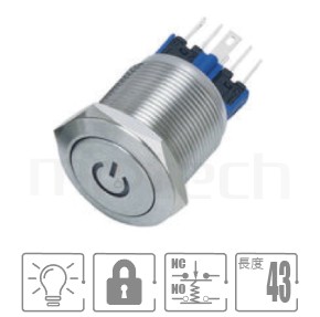 防水帶燈開關Φ22 開孔,自保持,1NO+1NC,電源logo,自鎖,啟動符號防水開關,型號: MP22-6ZP。簡略參數:22mm孔徑,啟動符號,1NO+1NC ,帶鎖平柄,lock,IO符號。