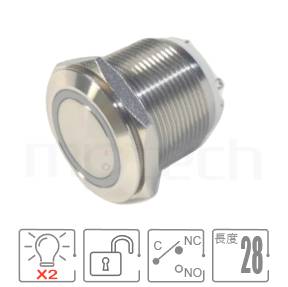 帶燈防水開關孔徑22mm,瞬切回彈,SPDT,環形燈,小型短柄,雙色LED防水開關,型號: MP22S-6MFRG。重點參數:孔徑22mm,環型LED,1NO1NC1COM,自復回彈平柄,短款,RG、 RB雙色。