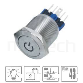帶燈防水開關開孔Φ22mm,復位無段,1NO+1NC,電源符號,復歸回彈,電源符號金屬按鈕,型號: MP22-6MP。重點參數:22mm孔徑,電源logo,1NO+1NC,無鎖復位平柄,復歸自復位,POWER符號。