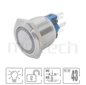 帶燈防水開關Φ22 開孔,無鎖復歸,1NO+1NC,環型燈,自動復歸,環型燈防水按鍵,型號: MP22-6MF。參數簡述:22mm孔徑,環型LED,1NO+1NC,無鎖復歸平形,自動復歸,環型燈。