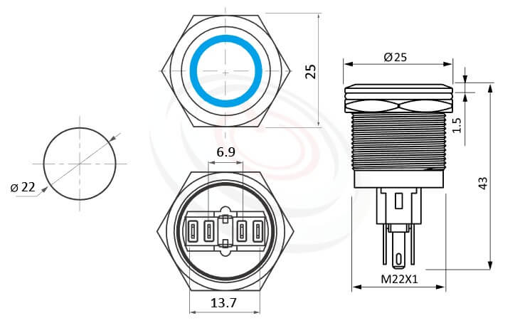帶燈防水開關Φ22mm交替式、環型燈、平柄、環形燈、有段、1NO+1NC 、環型LED防水帶燈按鈕的外型尺寸。鉑達型號: MP22-6ZF