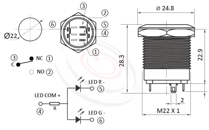 防水LED按鍵Φ22mm短柄短款、雙色LED、平型、圓型燈、復歸回彈、1NO1NC1COM、Ring Illuminated帶燈防水開關的外型尺寸。鉑達型號: MP22S-6MFRG