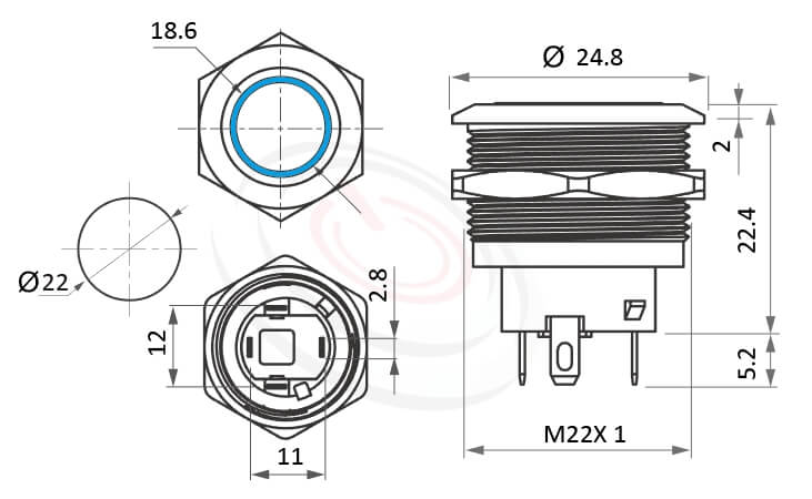 帶燈防水開關Φ22mm小型短款、有段、平柄、圓型光圈、有段、SPST,1NO、Ring illuminated帶燈防水開關的外型尺寸。鉑達型號: MP22S-4ZF
