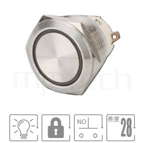 帶燈防水開關22mm孔徑,帶鎖,1NO,SPST,Ring Illuminated,小型短款,自鎖防水按鈕,型號: MP22S-4ZF。參數提要:孔徑22mm,圓型光圈,1NO常開接點,自鎖平面,短款,自鎖。
