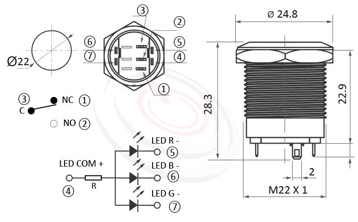 防水LED按鍵Φ22mm短款、RGB 三色LED,共負極/共正極、平柄、環形燈、有段、SPDT-NO/NC、環形燈帶燈防水開關的外型尺寸。鉑達型號: MP22S-7ZFRGB