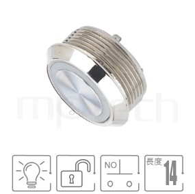 防水帶燈按鍵孔徑22mm,自復回彈,SPST,1NO,環型LED,薄型,環狀燈金屬按鈕,型號: MP22T-4MF。規格簡介:M22,Ring Illuminated,一組A接點,無段復位平圓型,扁型,Ring illuminated。