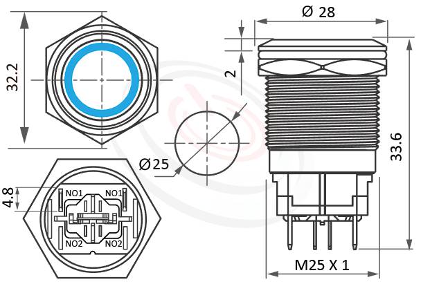 帶燈防水開關Φ25mm高電流、lock、平圓型、環狀燈、兩段式、1NO,SPST、Ring Illuminated金屬帶燈按鈕的外型尺寸。鉑達型號: MP25H-4ZF