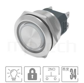 防水按鈕開關孔徑Φ25mm,交替式,SPST-NO,Ring illuminated,高電流,自鎖金屬開關,型號: MP25H-6ZF。重點參數:Φ25 開孔,Ring,1NO,自鎖型平柄,大電流,兩段式。