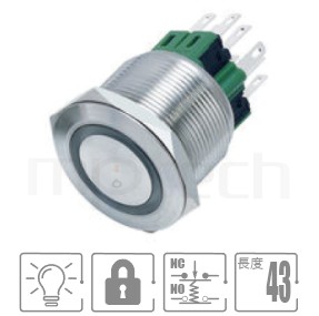 防水帶燈開關M25,自保持,1NO+1NC,環形燈,自鎖型,環型燈金屬按鈕,型號: MP25-6ZF。簡述規格:孔徑25mm,環型LED,1A1B,自鎖平圓型,交替式,環形燈。