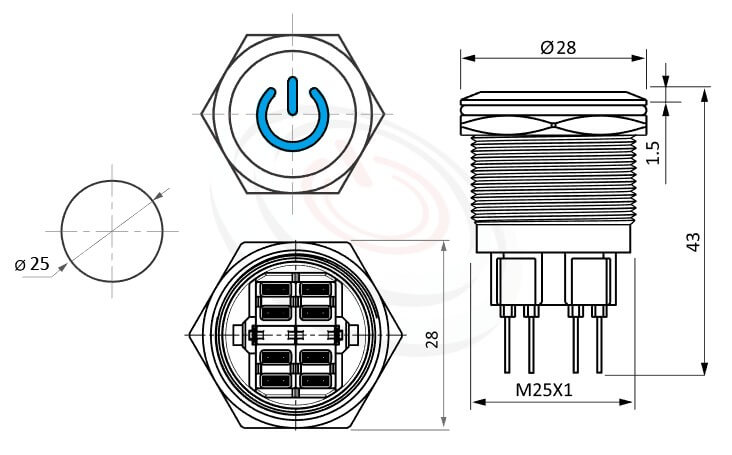 金屬帶燈按鈕Φ25mmlock、power logo、平柄、啟動符號、兩段式、1A1B、啟動符號防水帶燈按鈕的外型尺寸。鉑達型號: MP25-6ZP
