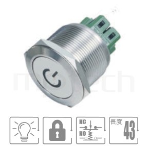 防水帶燈按鍵25mm孔徑,自保持,1NO1NC,IO符號,有段,啟動符號金屬開關,型號: MP25-6ZP。簡略參數:開孔Φ25mm,IO符號,1NO1NC,帶鎖平圓型,帶鎖,power logo。