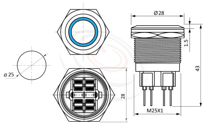 防水帶燈開關Φ25mm瞬切回彈、圓型燈、平圓型、Ring、瞬切回彈、1A1B、環型LED防水帶燈開關的外型尺寸。鉑達型號: MP25-6MF