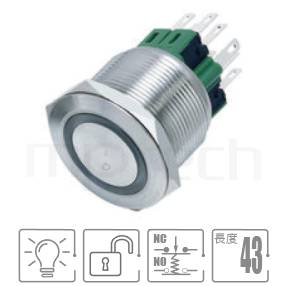 帶燈防水開關孔徑Φ25mm,自動復歸,1NO1NC,Ring Illuminated,復位無段,圓型燈防水按鍵,型號: MP25-6MF。簡略參數:Φ25mm開孔,Ring,1NO+1NC,復歸回彈平面,回彈觸發,圓型光圈。