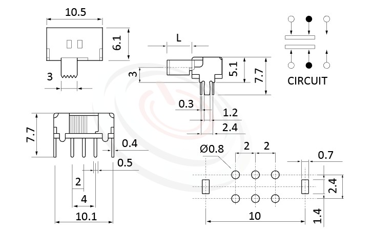 SK-22D02 系列,尺寸圖2P2T,DPDT迴路,撥動開關Slide Switch