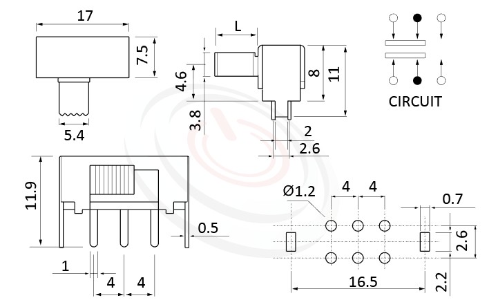 SK-22F12 系列尺寸圖2P2T,DPDT迴路,水平臥式滑動開關Slide Switch