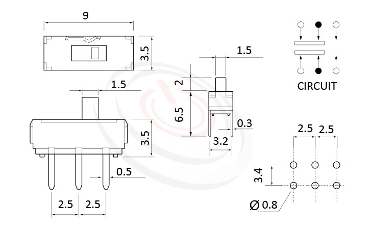 MS-22D16 系列尺寸圖2P2T,DPDT迴路,迷你滑動開關Mini Slide Switch