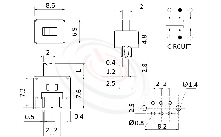 SS-22D03 系列,尺寸圖2P2T,DPDT迴路,Vertical Slide Switch ,立式滑動開關