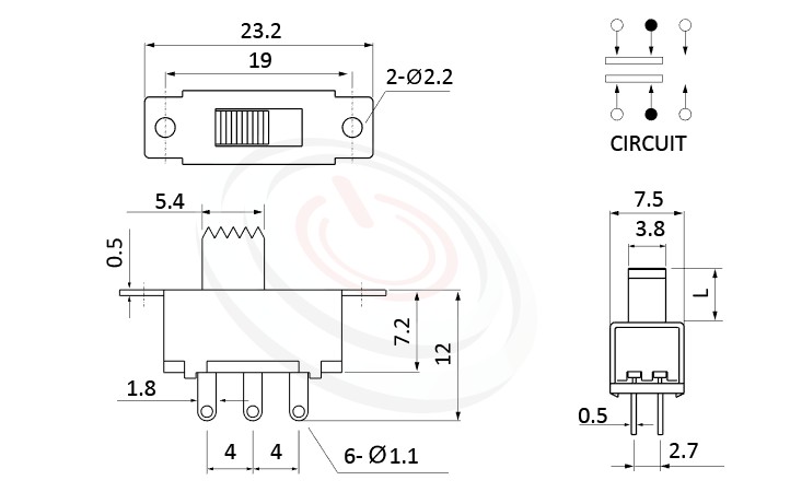 SS-22F32 系列尺寸圖2P2T,DPDT迴路,滑動開關Slide Switch