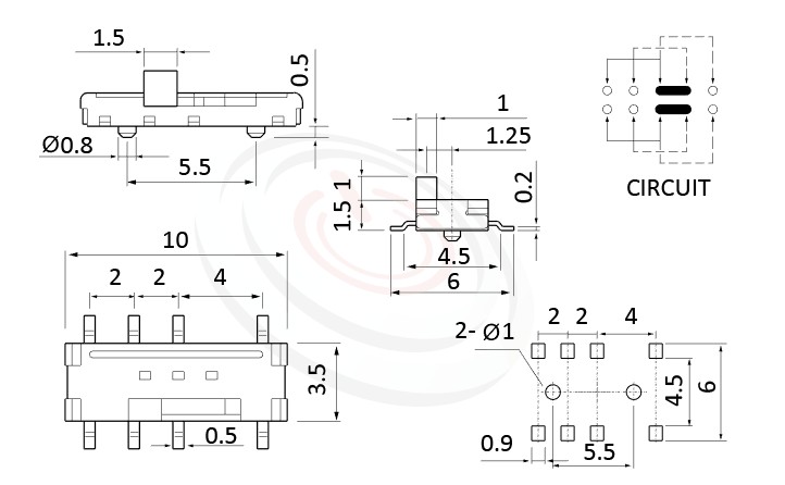 MS-23C01 系列尺寸圖2P3T,DP3T迴路, 迷你滑動切換開關 Mini Slide Switch