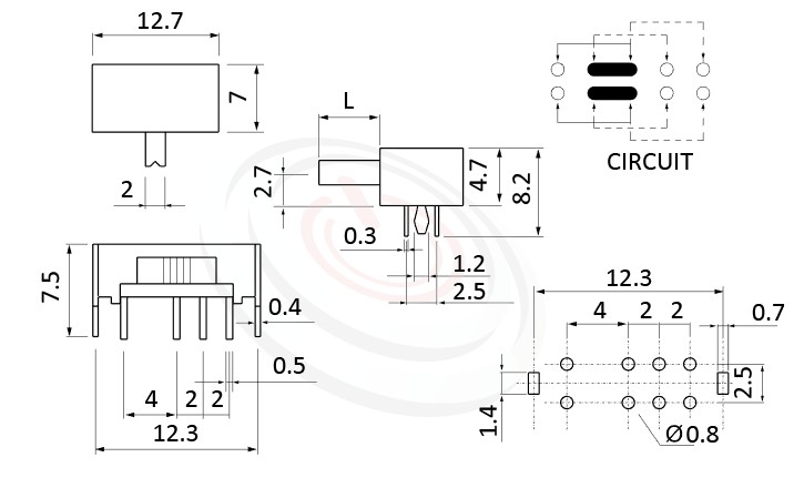 SK-23D07 系列,尺寸圖2P3T,DP3T迴路,臥式滑動開關Slide Switch