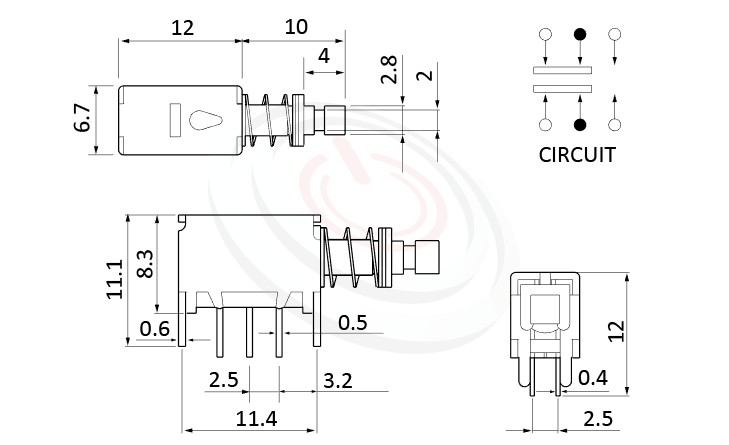 PS-22E05系列 尺寸圖, 尺寸: 總長度22, 版上高度8.3mm,按鍵開關Push Switch,DPDT,2P2T迴路,總長度22, 版上高度8.3mm ,90度側按,DIP插版 ,電源開關,水平臥式,自鎖/無鎖,有段/無段