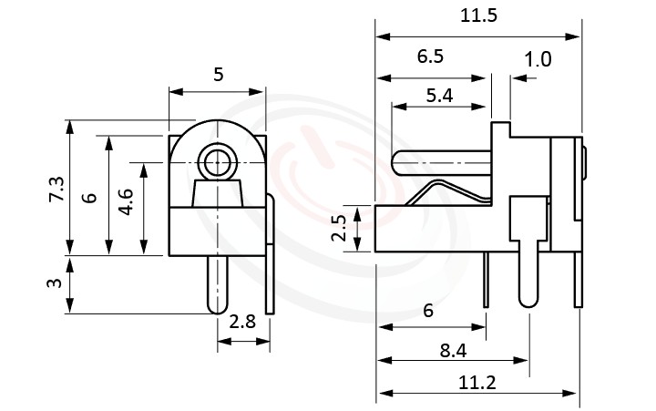 HDC-526系列 尺寸圖 直流電源插座DC POWER JACK ,Center pin Ø1.0 / Ø1.3 mm 中心針 Ø1.0 / Ø1.3 mm ,90度 90° DIP
