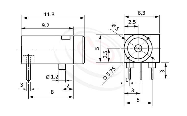 HDC-522系列 尺寸圖 DC電源插座DC POWER JACK ,Center pin Ø1.3 mm 中心針 Ø1.3 mm ,外圓 孔徑 5 ,90度 90° DIP