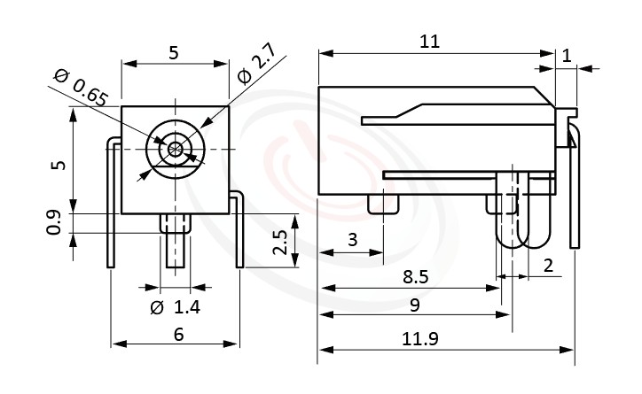 HDC-582系列 尺寸圖 DC電源插座DC POWER JACK ,Center pin Ø0.65 mm 中心針 Ø0.65 mm ,外圓 孔徑 2.7 ,90度 90° DIP