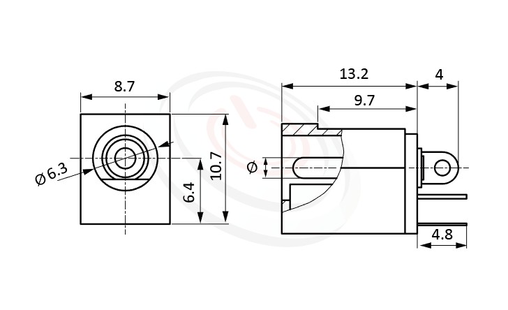 HDC-546系列 尺寸圖 直流電源插座DC POWER JACK ,Center pin Ø2.0 / Ø2.5 mm 中心針 Ø2.0 / Ø2.5 mm ,外圓 孔徑 6.3 ,180度 180° DIP