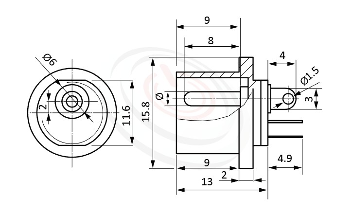 HDC-633系列 尺寸圖 DC電源插座DC JACK ,Center pin Ø2.0 / Ø2.5 mm 中心針 Ø2.0 / Ø2.5 mm ,外圓 孔徑 6 ,180度 180° DIP