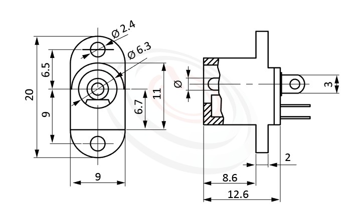 HDC-621系列 尺寸圖 DC電源插座DC POWER JACK ,Center pin Ø2.0 / Ø2.5 mm 中心針 Ø2.0 / Ø2.5 mm ,外圓 孔徑 6.3 ,180度 180° DIP
