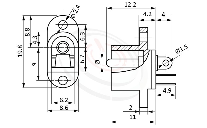 HDC-626系列 尺寸圖 DC電源插座DC POWER JACK ,Center pin Ø2.0 / Ø2.35 / Ø2.5 mm 中心針 Ø2.0 / Ø2.35 / Ø2.5 mm,180度 180° DIP