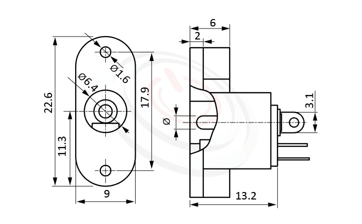 HDC-620系列 尺寸圖 DC電源插座DC JACK ,Center pin Ø2.0 / Ø2.5 mm 中心針 Ø2.0 / Ø2.5 mm ,外圓 孔徑 6.4 ,180度 180° DIP