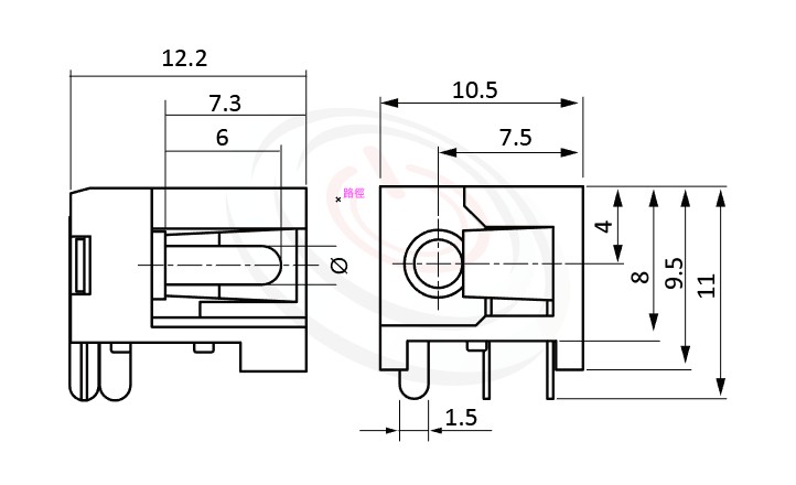 HDC-562系列 尺寸圖 DC電源插座DC POWER JACK ,Center pin Ø2.0 / Ø2.5 mm 中心針 Ø2.0 / Ø2.5 mm ,90度 DIP