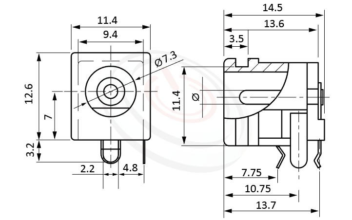 HDC-563系列 尺寸圖 直流電源插座DC POWER JACK ,Center pin Ø2.0 / Ø2.5 / Ø2.95 mm 中心針 Ø2.0 / Ø2.5 / Ø2.95 mm ,外圓 孔徑 7.3 ,90度 90° DIP