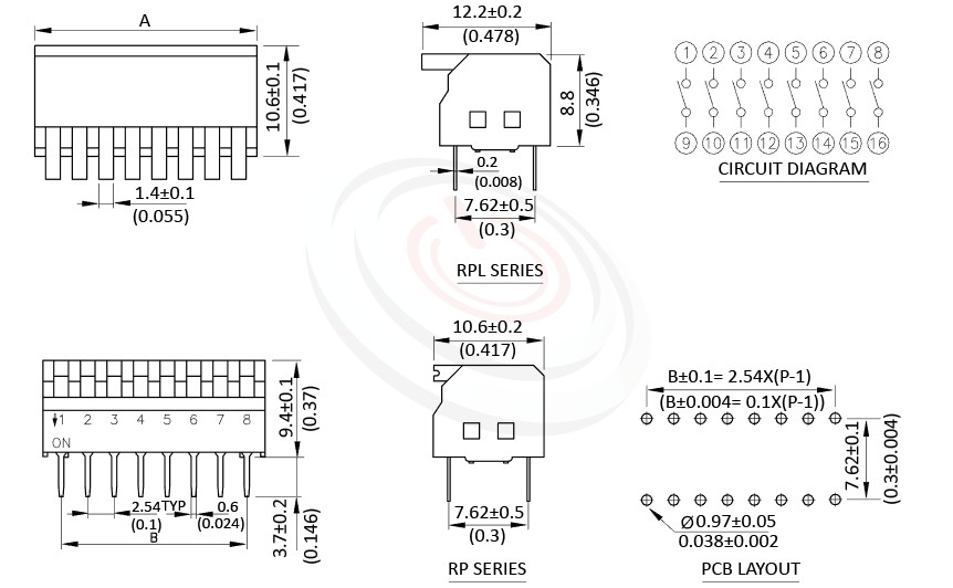 DIP-RPL 尺寸圖, 面板尺寸Pitch 2.54mm,指撥開關DIP Switch ,Pitch 2.54mm,01~12 Positions ,DIP