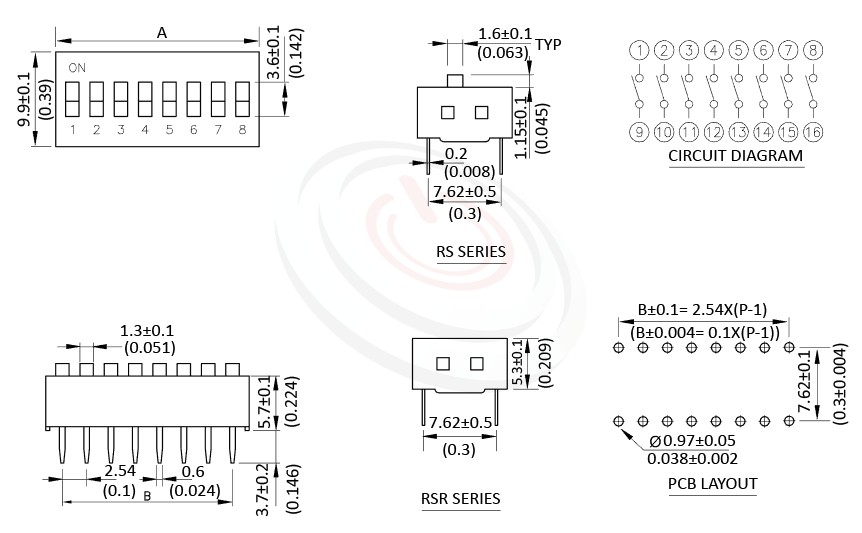 DIP-RS 尺寸圖, 面板尺寸Pitch 2.54mm,指撥開關DIP Switch ,Pitch 2.54mm,01~12 Positions ,DIP