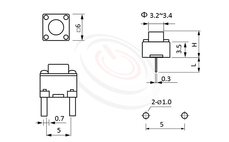 HTS-06P2 Series 概略尺寸圖,標示產品: 6x6，DIP插版型，輕觸開關的外型尺寸圖，圖片用來確認零件適用程度。 HTS-06P2規格包含: 6x6，DIP型，圓頭，垂直立式，H高度:4.3mm~10mm，2隻腳。輕觸開關輕觸開關經常使用於汽車遙控、鐵捲門遙控器，包含IP67防水型觸鍵開關，多種按壓力、高度可選擇，可搭配各式鍵帽