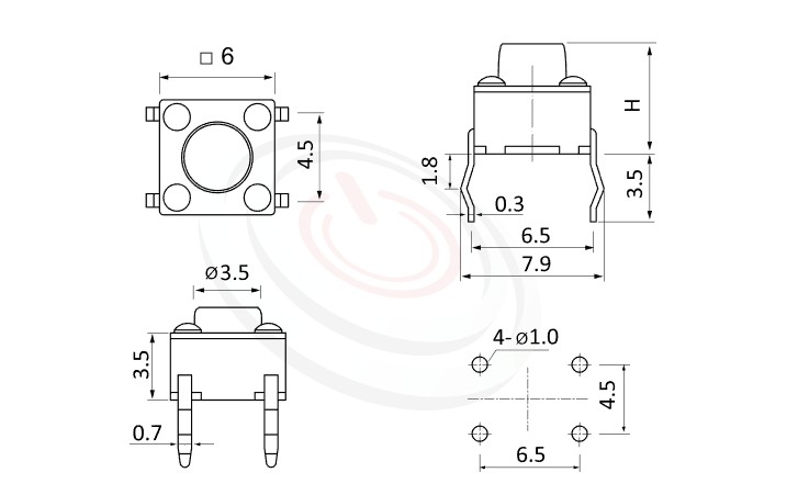 HTS-06PA Series 概略尺寸圖,標示產品: 6x6，DIP銲接，觸鍵開關的外型尺寸圖，產品尺寸在圖片中一目了然。 HTS-06PA規格包含: 6x6，插件，圓柄，立式，H高度:4.3mm~26mm，常用款。碰觸開關多款按鍵蓋、鍵帽、按鈕套可搭配使用，適用於不同的操作面板。按柄顏色可選，多種按柄高度可選用，按壓力可選擇