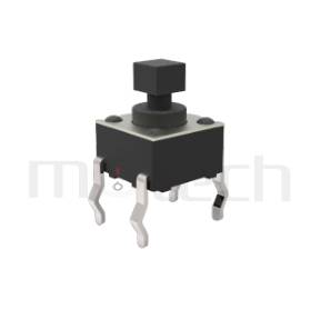 HTS-06PG Series 零件外觀造型示意圖，呈現產品: 6x6，DIP插件包裝，輕觸按鈕的零件外型圖，由圖片迅速確認開關概略外型。 HTS-06PG產品規格為: 6x6，DIP封裝，直立式，方頭，H高度:7.3mm，方形按鍵。觸碰開關可適用於影音產品、數碼產品、遙控器、通訊產品、家用電器、安防產品、玩具、電腦產品、健身器材、醫療器材...等等