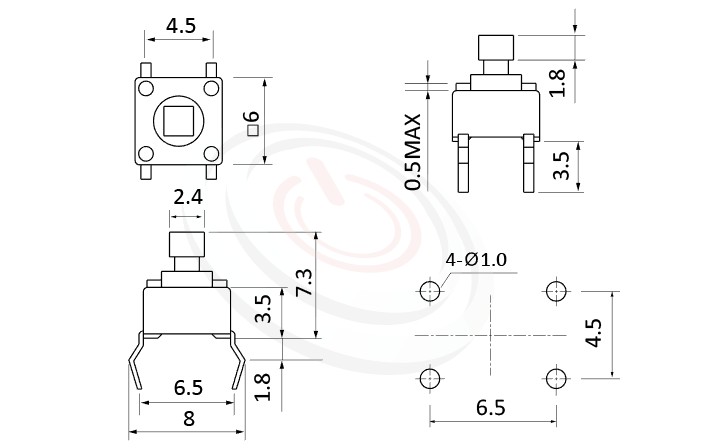HTS-06PG Series 概略尺寸圖,標示產品: 6x6，DIP銲接，輕觸開關Tact Switch的外型尺寸圖，立即從圖片確認是否符合需求。 HTS-06PG規格包含: 6x6，DIP銲接，方柄，直立180度，H高度:7.3mm，方形按鍵。Tact Switch 尺寸包含3x6mm,4.5x4.5mm,5.2x5.2mm,6x6mm,6.2x6.2mm,12x12mm....