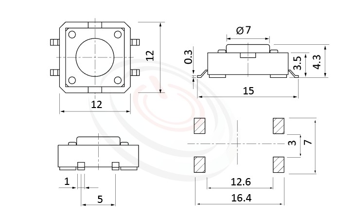 HTS-12MA Series 概略尺寸圖,標示產品: 12x12，SMD表面貼焊，觸動開關的外型尺寸圖，迅速從圖片確認零件外觀尺寸。 HTS-12MA規格包含: 12x12，SMD貼面包裝，圓頭，直立型，H高度:4.3mm~9mm，常用款。觸鍵開關多款按鍵蓋、鍵帽、按鈕套可搭配使用，適用於不同的操作面板。按柄顏色可選，多種按柄高度可選用，按壓力可選擇