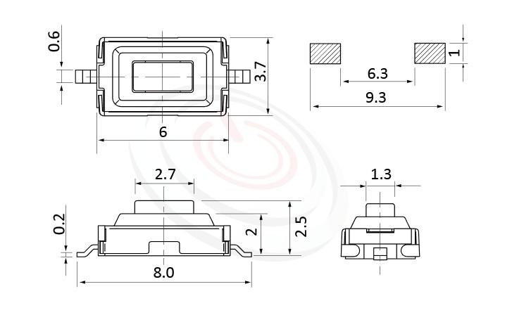 HTS-36MA Series 零件外觀造型示意圖，呈現產品: 3X6，SMD表面貼焊，觸動開關的零件外型圖。 HTS-36MA產品規格為: 3X6，SMD表面黏著，直立180度，方頭，外殼防護IP66，防塵SMD，防塵金屬殼。