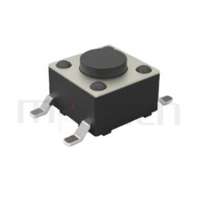 HTS-45MA Series 零件外觀造型示意圖，呈現產品: 4.5x4.5，SMD封裝，輕觸開關的零件外型圖，藉由圖片迅速確認產品外型。 HTS-45MA產品規格為: 4.5x4.5，SMD貼面包裝，立式，圓柄，H高度:3.8mm~7.1mm，常用款。觸動開關輕觸開關經常使用於汽車遙控、鐵捲門遙控器,包含IP67防水型觸鍵開關,多種按壓力、高度可選擇,可搭配各式鍵帽